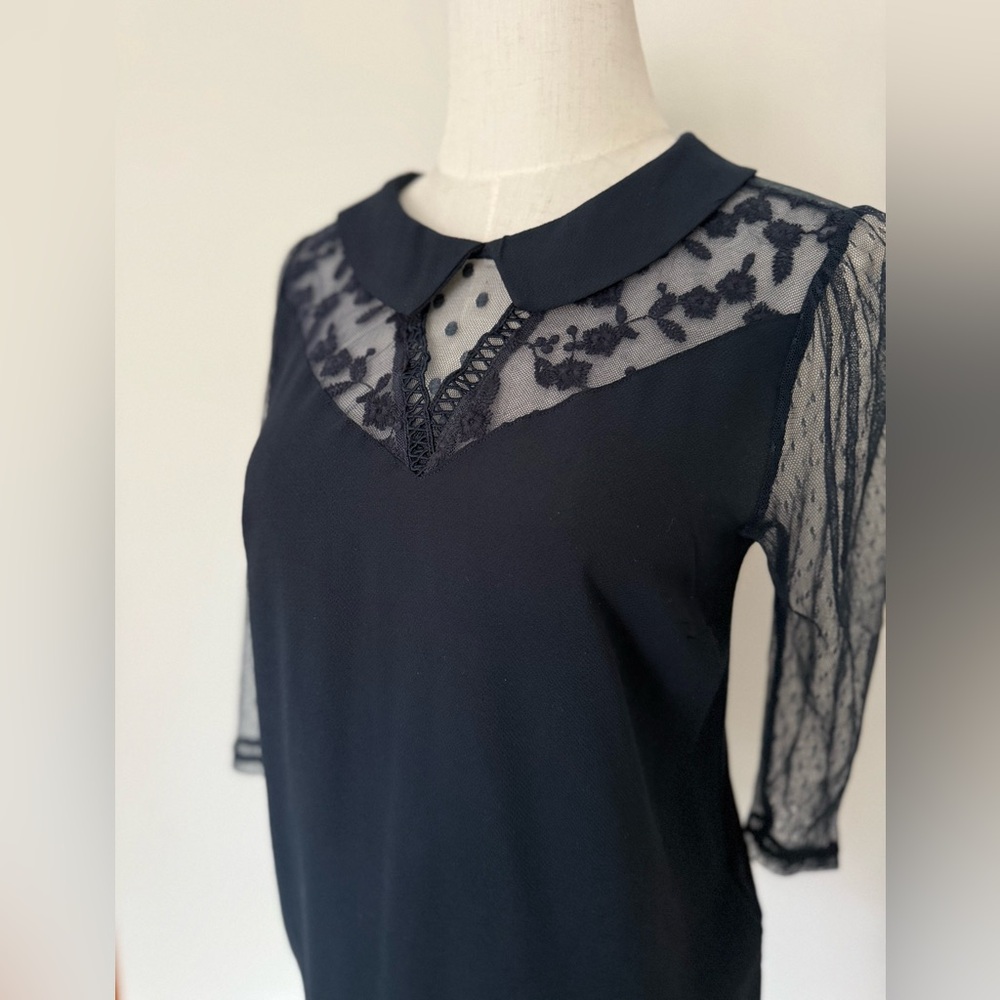 Naf Naf vintage preppy twee navy blue lace blouse cottagecore size small